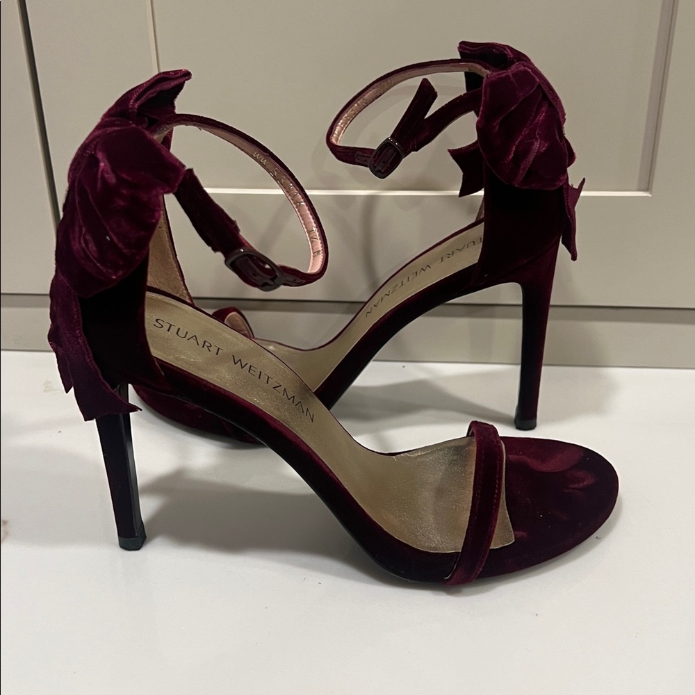Stuart Weitzman Wine Velvet Bow High-Heel Sandals